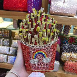 Xiyuan French Fries Shape Bling Crystal Clutch Parse Bass Evening Bass Local for Women Wedding Party Diamond Minaudiere محافظ الذهب 220526