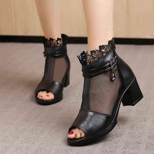 Stiefel Frauen Schuhe Neue Luxus Strass Chunky Heeled Sandalen Sexy Offene TOE MESH High Heels Mode Ankle Boots 220401