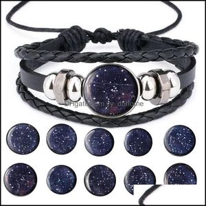 Braccialetti con ciondoli Gioielli Bracciale con segno zodiacale con pelle nera Mtilayer 12 modello di costellazione Bracciale cabochon in vetro per uomo Drop Deliver