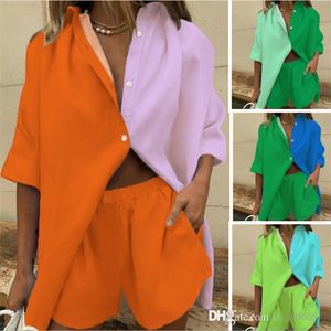 2022 Kvinnor Tvådelade byxor Outfits Sexiga Cardigan Tracksuits Stitching Contrast Color Kort ärmskjorta och shorts Suit