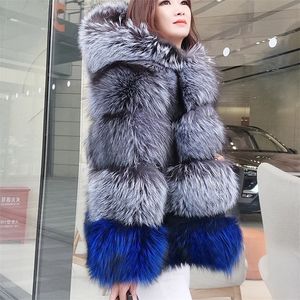 Winter new real jacket women's leather hooded coat thick natural stitching color fashion fur vest 201112