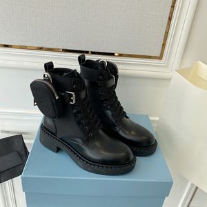 Designer-Damen-Stiefelette, glänzendes Leder, Schnürstiefel, RE-NYLON, mittelhohe Stiefel, Schwarz, Weiß, mit Geldbörse, King-Kampfstiefel mit Box NO407