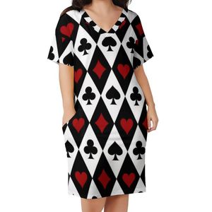 زائد الحجم الفساتين بطاقة لاعب الكازينو Dressal Dress Women Blackjack Kawaii Holiday v Neck Corean Fashion Print 5XlPlusPlus