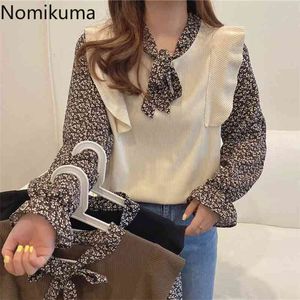Nomikuma Herbst Koreanische Chic Shirts Frauen Gefälschte Zwei Stück Fliege Kragen Langarm Tops Gestrickte Patchwork Vintage Bluse 210401