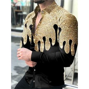 Mode Men skjortor Turndown Collar Butted Shirt Casual Quicksand Print Long Sleeve Tops Herrkläder Prom Cardigan 220811