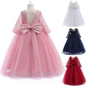 Flower Girls Wedding Dress for Kids Bow Backless Birthday Princess Party Prom Gown Children spets Lång klänning i 12 till 14 år G220428