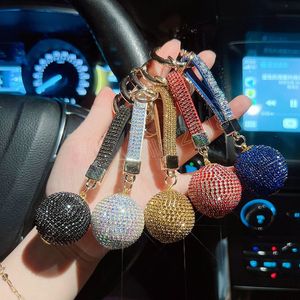 Creative Diamond Rhinestone Key Rings Crystal Round Ball Keychain Holder Leather Lanyard Bag Car Key Pendant Exquisite Cute Party Gift