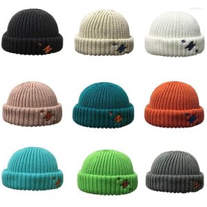 Beanie/Skull Caps Unisex Winter Knitted Beanie Hat Neon Candy Color Letter Embroidery Cuffed Brimless Hip Hop Landlord Docker Skull Cap Oliv