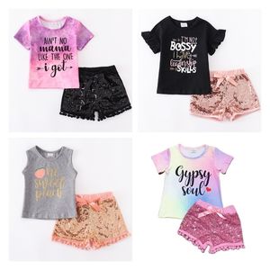 Girlymax SummerBaby Barge Children Clotes Tie Dye Lavender Black Coral Specinginsショーツセット衣装フリルブティック220509