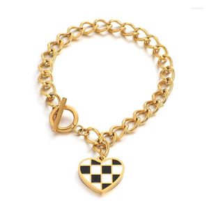 Link Chain Simple Gold Bracelet Stainless Steel Enamel Checkered Heart Metal Charm Bracelets For Women Unisexe Jewelry Kent22