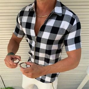 Plaid T Shirt Mens zamek błyskawiczny Krótkie koszule Summer Men Ubranie Streetwear Slim Fit