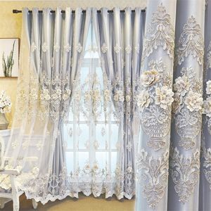 European Luxury Embroidered Double-Layer Semi-Blackout Curtain Custom for Living Room and Bedroom High Shading Rate 220511