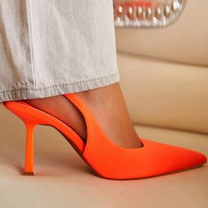 Sandalet kadınları 8.5cm yüksekliğinde turuncu bayan Slingback katırları sivri uçlu düşük pompalar mor yeşil parti fetiş balo shoessandals