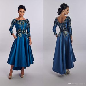 Teal Blue Tea-length Mother Of the Bride Dresses with Long Sleeve 2022 Floral Lace Mother Wedding Guest Party Gown