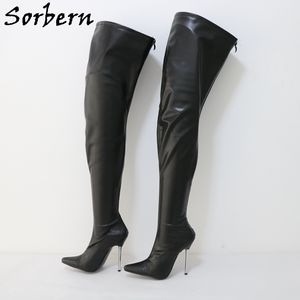 Sorbern Black Matt 여성 부츠 12cm 금속 발 뒤꿈치 Stilettos 가리키는 발가락 뒤 지퍼 맞춤형 넓은 또는 슬림 적합 다리