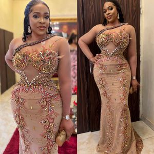 Plus Size Arabic Aso Ebi Luxurious Mermaid Champagne Prom Dresses Beaded Crystals Evening Formal Party Second Reception Birthday Engagement Gowns Dress Zj266