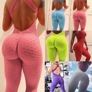 Gymkläder Kvinnor Sport Yoga Set Siamese High midja HIPS TROUSERS Halter Top Bandage Jumpsuit Fitness Tracksuit 2022 DropshipMym