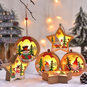 New Year Christmas Decoration Creative Led Light Christmas Tree Hanging Pendant Star Round Shape Wooden Ornament Xmas Party