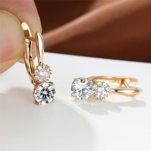 Hoop Huggie Luxury Crystal Flower Earrings Rose Gold Color Small Trendy White Zircon Round Stone For Women Party Gifthoop