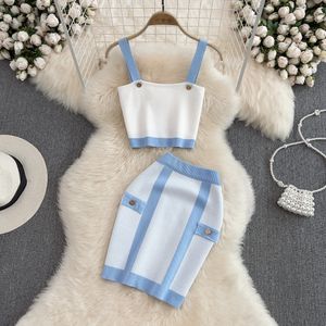 New design women's sexy spaghetti strap short vest and elastic waist pencil skirt color block knitted dress twinset suit
