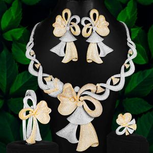 Ohrringe Halskette Mode 4PCS Luxus Bowknots Afrikanischen Schmuck-Set Für Frauen Hochzeit Party Kubikzircon Dubai Braut 2022Ohrringe EarrinEa