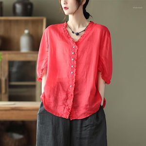 Bluzki damskie Koszule qpfjqd panie z krótkim rękawem Auricular Lace Blouse 2022 Summer Autumn Button Lose Casual Solid Color Women Ramie V-N