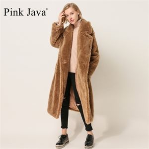 PINK JAVA QC1848 arrival real sheep fur coat long style camel teddy coat over size winter women coat 201214