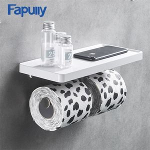 Fapully Wall Mounted Toilet Paper Holder Stainless Steel Double Hooks Rolls Stand Wall Holder Bathroom White ABS Shelf G163 T200425