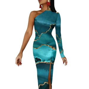 Casual jurken blauw goud glitter marmeren zijkant split bodycon jurk dames modern abstract schattig maxi esthetisch grafisch geschenk ideeëncasual