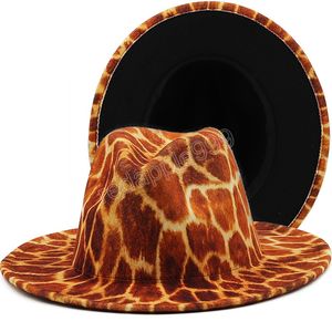 Fedora a tesa larga con fondo nero leopardato Cappello in feltro di lana da donna Donna Uomo Festa Trilby Jazz Cappelli da chiesa Cappellino Panama patchwork