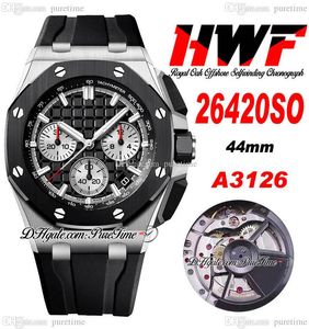 HWF 44mm 2642 A3126 Automatic Chronograph Mens Watch Steel Case Ceramics Bezel Black White Textured Dial Silver Stick Markers Rubber Strap Super Edition Puretime C3
