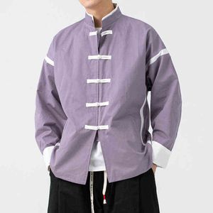 2022 Spring New Chinese Style Kongfu Jacket Men Frog Stängningsknapp Bomull Jackor Male Parchwork Cardigan Coats S-3XL L220706