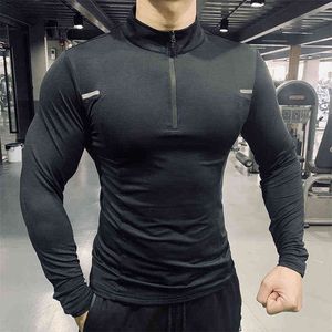 Camisetas de fitness tshirts treino de ginástica respirável esportiva de esporte rápido, punindo com manga longa com zíper de colarinho com zíper l220704