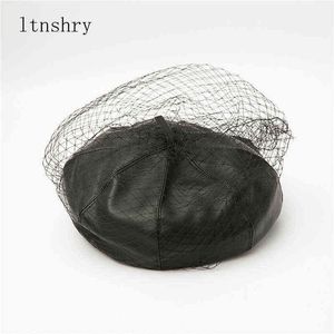 2022 New Spring Summer Black Hat Chic Leather French Beret With Veil Mesh Show Double Layer Women Beret Hats Cap J220722