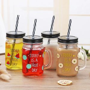 Sublimation Frosted Juice Rooster Cup Gradient Colored Glass Transparent Covered Straw Cold Drinking Waters Cup Mason Water Bottle