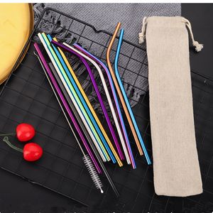 Straws Set Straw Pack 304 Stainless Steel Drinking Pipes In Cotton Bag or Wheat Box Sipping Pipette With Steel Brush Silicone Tips