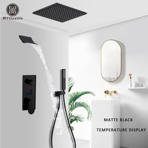 Waterfall Matte Black Bathroom Shower Faucet Digital Faucets Set Rainfall Head Display Mixer Tap 220713