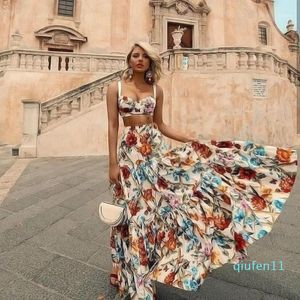 2022-Bellflower Floral Summer Maxi Sukienka dla kobiet bez rękawów Bohemian Long Beach Sexy sukienki plus size 2-częściowy zestaw kobiet1