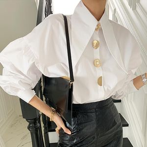 Kvinnors Blusar Koreansk Turn Down Collar Ladies Elegant Lantern Sleeve Vit Kvinnor Blus Toppar Knapp Blusas Mujer de MODA 2022 A288