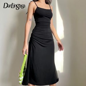 Darlingaga moda com tiras ruched sexy vestido preto irregular elegante sem costas vestido longo festa vestidos de verão roupas femininas cx220331