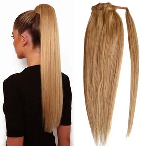 Honey Blonde Human Hair Ponytail Extensions Straight Glueless Brazilian Remy #27 Wrap Around pony tail Horsetail Hairpiece 100g For Women