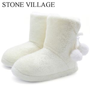 Stone Village Grow Solid Plush Ball Winter Home Shoppers Algodão macio espesso chinelos de pelúcia Sapatos de chinelos de mulheres lips Y200106