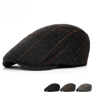 2021年秋の冬の新聞販売者帽子ベレー帽British Western Style Wool Advanced Flat Ivy Cap Classic Vintage Striped Beret J220722