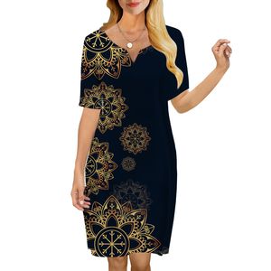 Frauen Kleid Vintage Muster 3D Gedruckt VAusschnitt Lose Beiläufige Kurzarm Etuikleid für Weibliche Kleider Schwarzes Kleid 220616