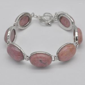 Link Chain Handgjorda smycken armband för kvinnor ovala hytt cabochon pärlor naturliga rosa rhodonite justerbar 7,5 