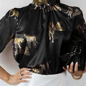 Celmia Donna Camicetta elegante in raso Camicia a maniche lunghe con stampa tigre Tunica estiva Colletto alla coreana Top casual Blusas Femininas 220623