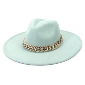 Basker 9,5 cm Big Brim Women Män Solid Color Peach Heart Top Faux Wool Felt Jazz Fedora Hats med Chain Panama Party Wedding Formal Hatberets