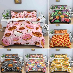 Snack Duvet Cover Set Coffee Bread Donut Pattern Pink Comforter for Kids Adult Teen Bedding Queen King Full Twin Size