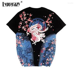 Цветочная Вышитая Футболка оптовых-Мужские футболки Lyprerazy японские харадзюку Ukiyoe винтажный драконский цветочный вышитый футболка Menembroidery китайский стиль тату