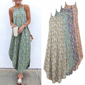 Tryckta maxi klänningar vonda bohemian sexig ärmlös sundress kvinnor kausal halter sommar strandklänning asymmetrisk lång 226014